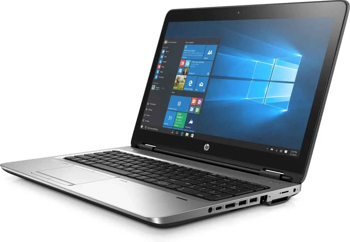 HP Probook 650 G3 | i5 7200U | 8GB | 500GB NVMe | 15.6" laptop shown from the side angle with screen open displaying Windows 10 Start Menu
