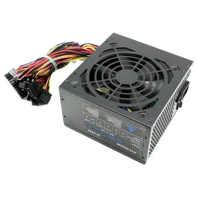 MS-Tech MS-N450-VAL 450 Watt Power Supply met ventilator en multi-connector stroomkabels in rood, geel en zwart