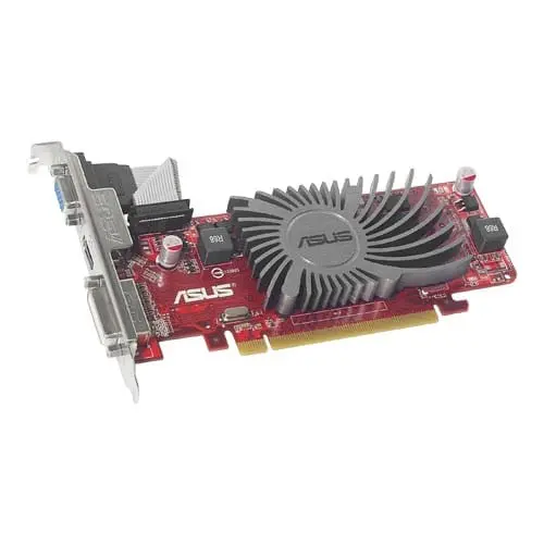 ASUS EAH5450 SL/DI/512MD3/MG(LP) grafische kaart, zijaanzicht met zichtbare koelventilator, rode PCB en goudkleurige connectors