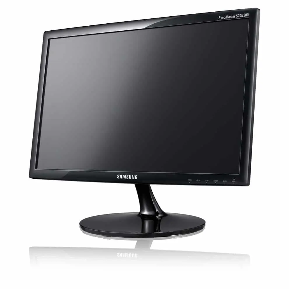 Samsung SyncMaster S24B300 24-inch monitor, front view, with black bezel and pedestal stand on white background