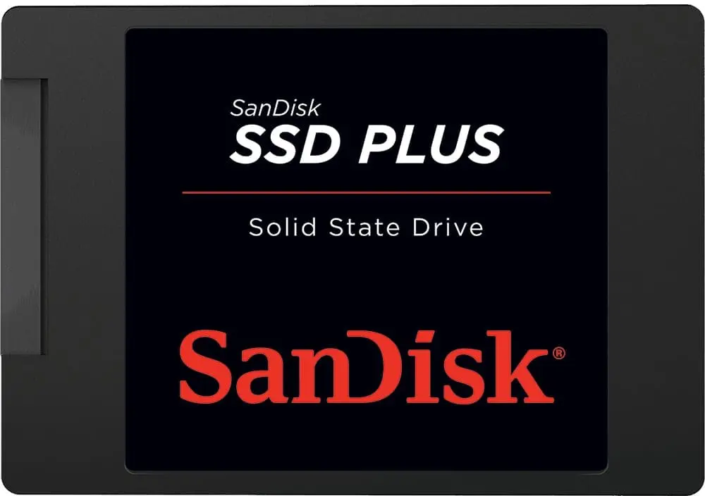 SanDisk SSD Plus 120GB - voorkant met zwarte behuizing en zwart displaypaneel met witte en rode tekst