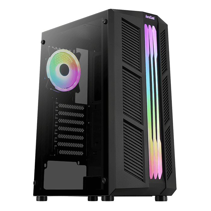 Prime ARGB PC-behuizing voorkant, zwart met RGB-verlichte ventilator en RGB-geventileerde zijpanelen in paars, blauw, groen en geel