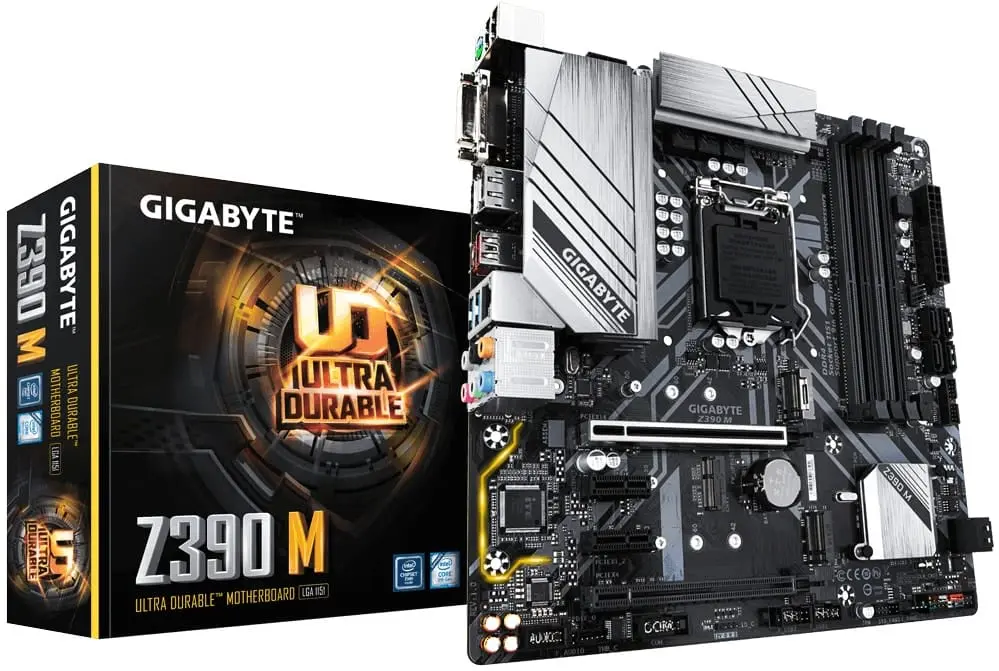 Gigabyte Z390 M Ultra Durable motherboard with packaging box and product display showing front view of circuit board layout