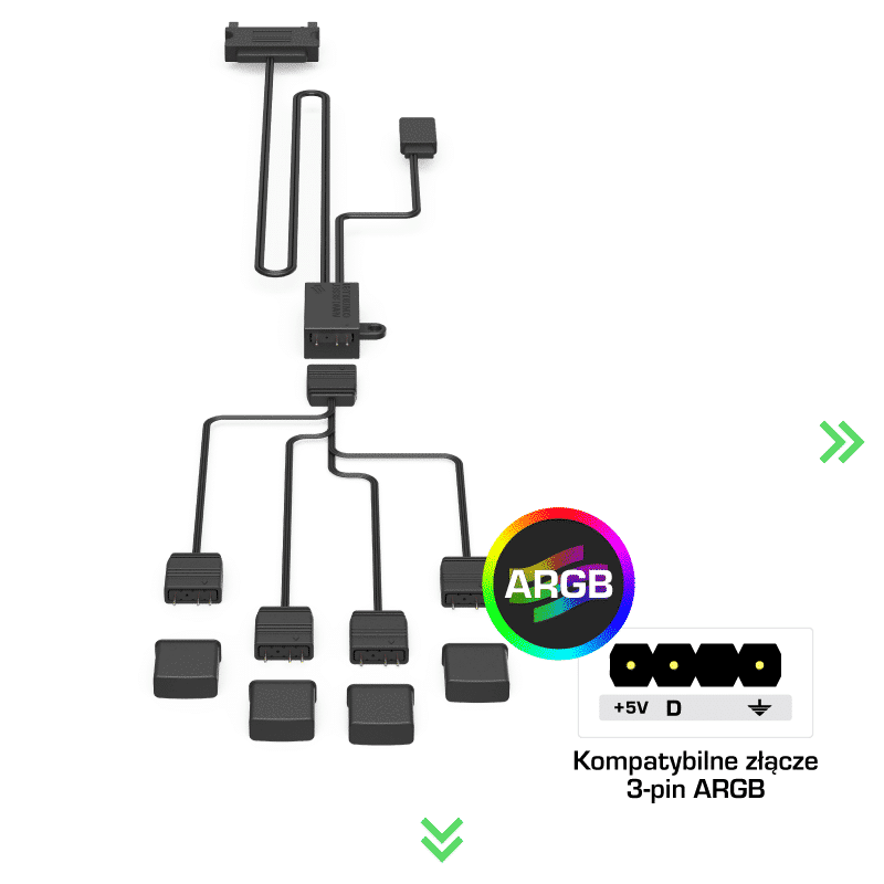 SilentiumPC Nano-Reset ARGB KIT fancontroller - schematische weergave van kabelschema met ARGB-aansluiting en compatibele 3-pin ARGB-connectoren