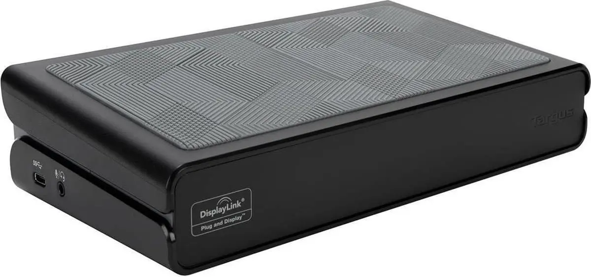Targus DOCK171EUZ Universal USB-A 3.0 DV Docking Station with Power Supply, angled front view showing black rectangular dock with textured gray top surface and DisplayLink Plug and Display branding visible on the front panel