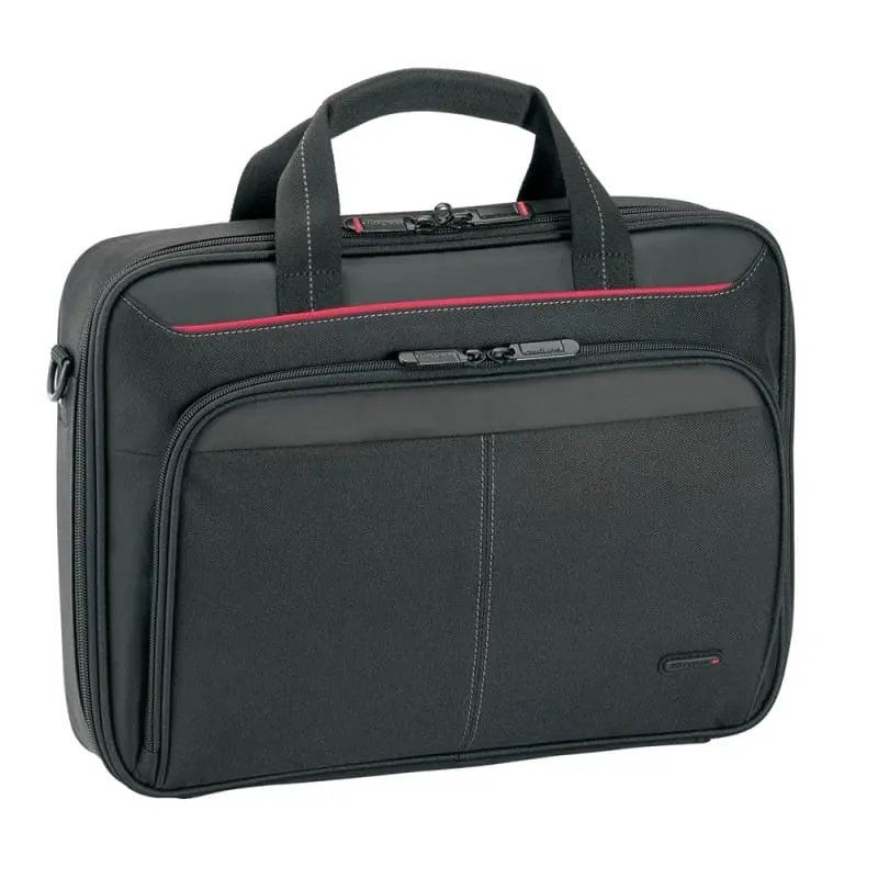 Targus Draagtas 13.4 inch / 34cm Laptop Case black, front view showing dark gray neoprene material with dual carrying handles, multiple zippered compartments, and red accent piping along the top edge