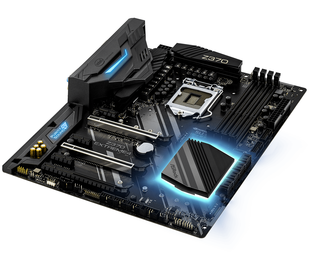 ASRock Z370 Extreme4 Socket 1151 moederbord - bovenaanzicht met geïnstalleerde CPU-koeler en verlichte chipset
