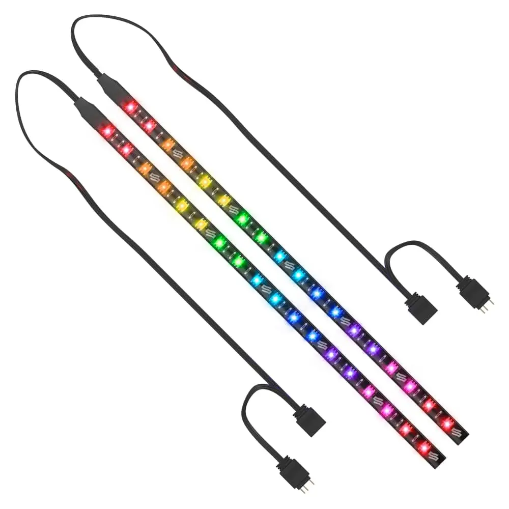 Aurora Led Strips ARGB (2x) - twee RGB-ledstrips met addresseerbare gekleurde LEDs in regenbooggradiënt (rood, oranje, geel, groen, blauw, paars) en bijgeleverde stroomconnectoren
