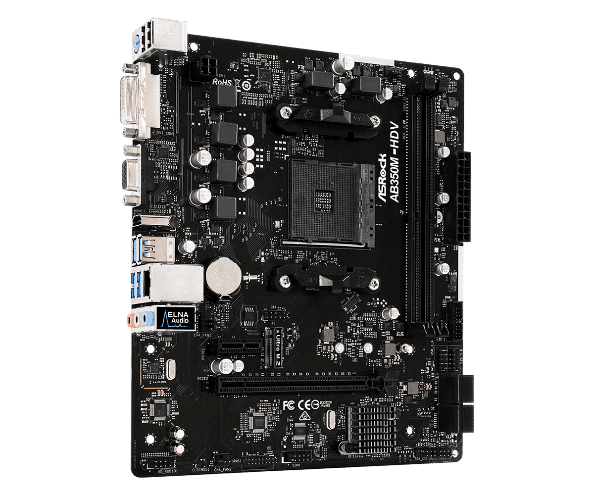 ASRock AB350M-HDV moederbord - bovenaanzicht met CPU-socket, RAM-slots, PCIe-slots, VRM-voedingssectie, audio-chipset en I/O-aansluitingen