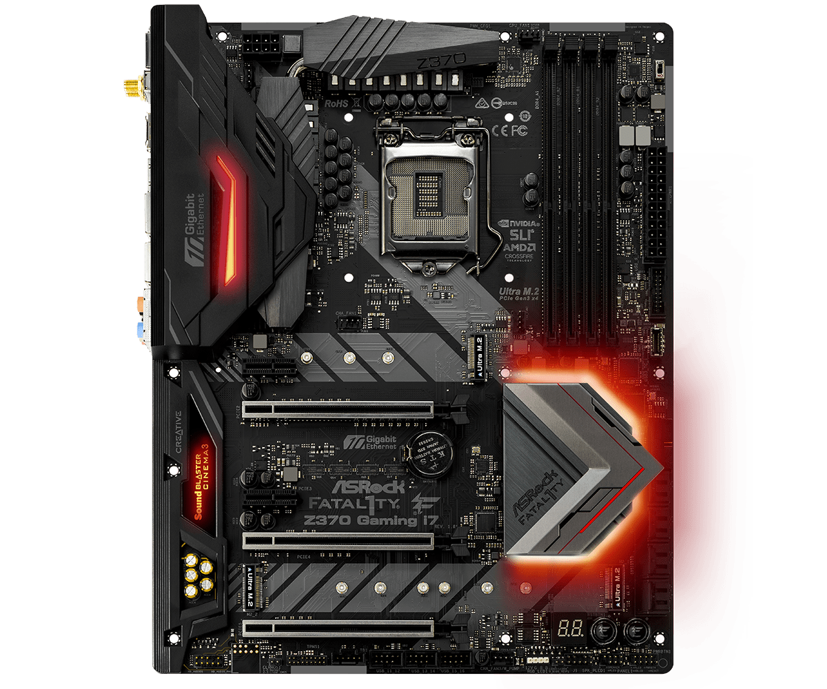 ASRock Fatal1ty Z370 Professional Gaming i7 Socket 1151 motherboard front view displaying CPU socket, RAM slots, PCIe slots, M.2 slots, and illuminated red LED accents on the heatsink and chipset area