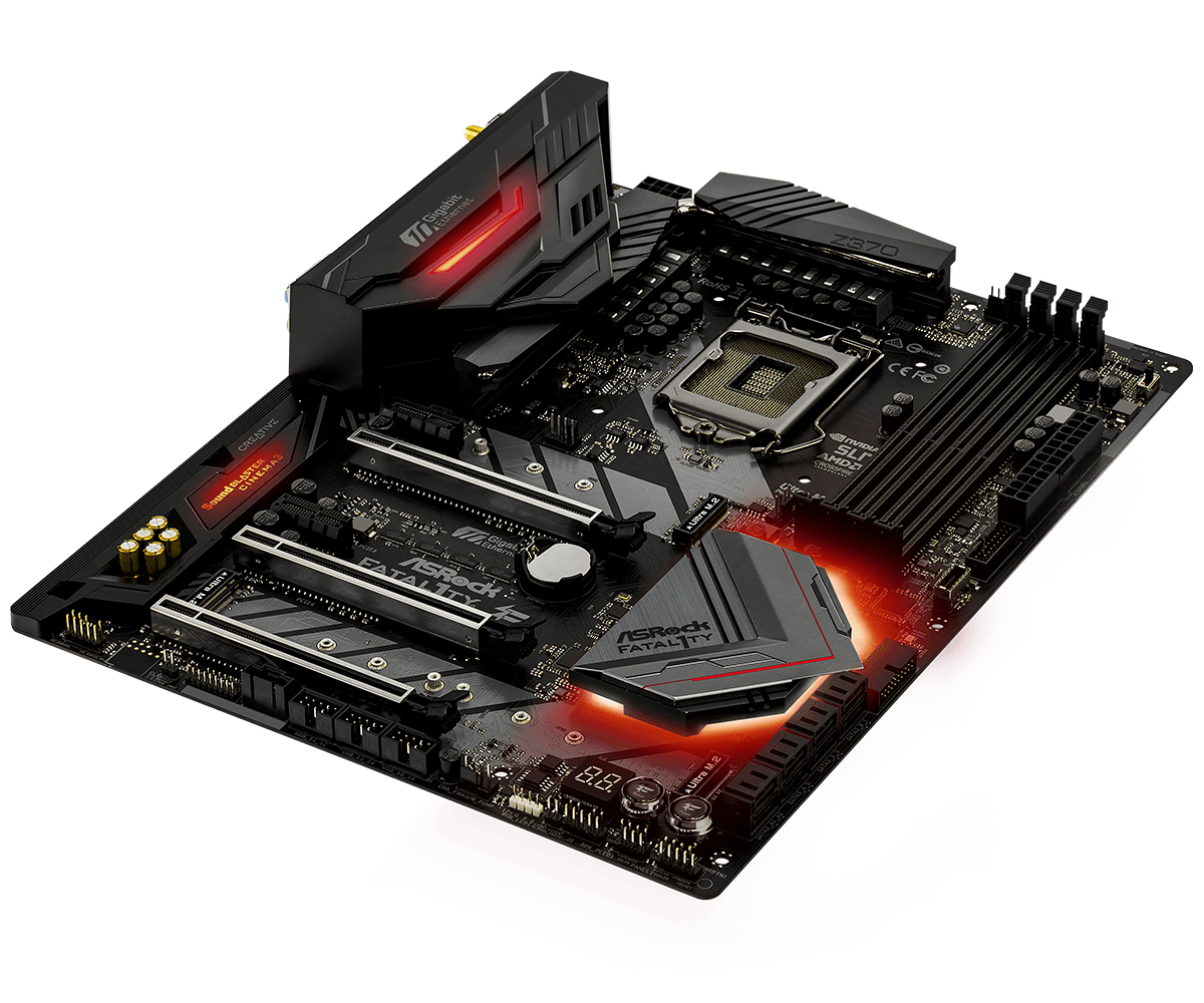 ASRock Fatal1ty Z370 Professional Gaming i7 Socket 1151 motherboard, angled top-down view showing CPU socket, RAM slots, M.2 slots, PCIe slots, power connectors, and red LED lighting elements on the black circuit board