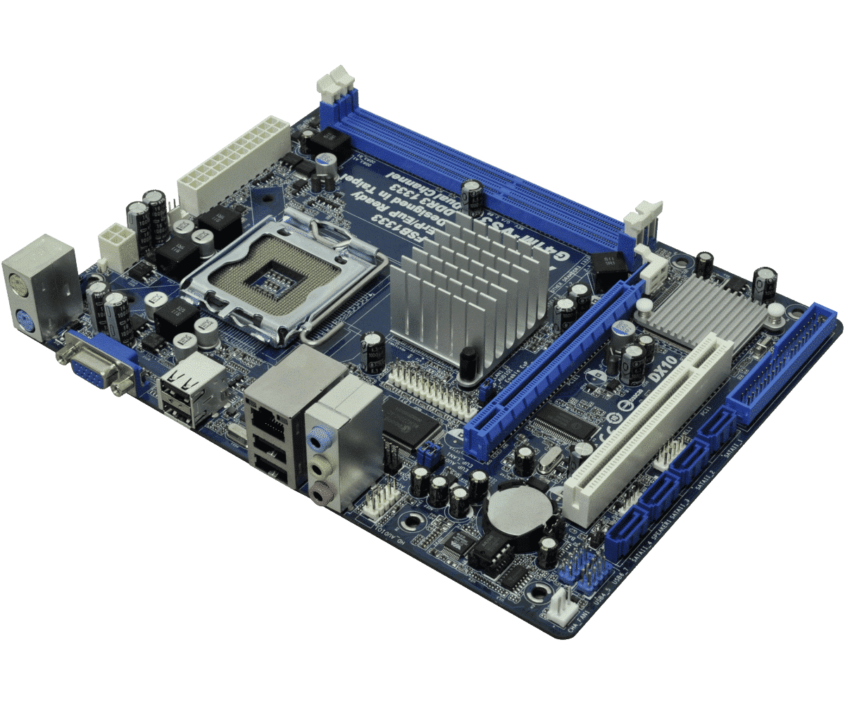 ASRock G41M-VS3 R2.0 socket 775 moederbord - bovenaanzicht met CPU-socket, RAM-slots, blauwe uitbreidingsslots en heatsinks