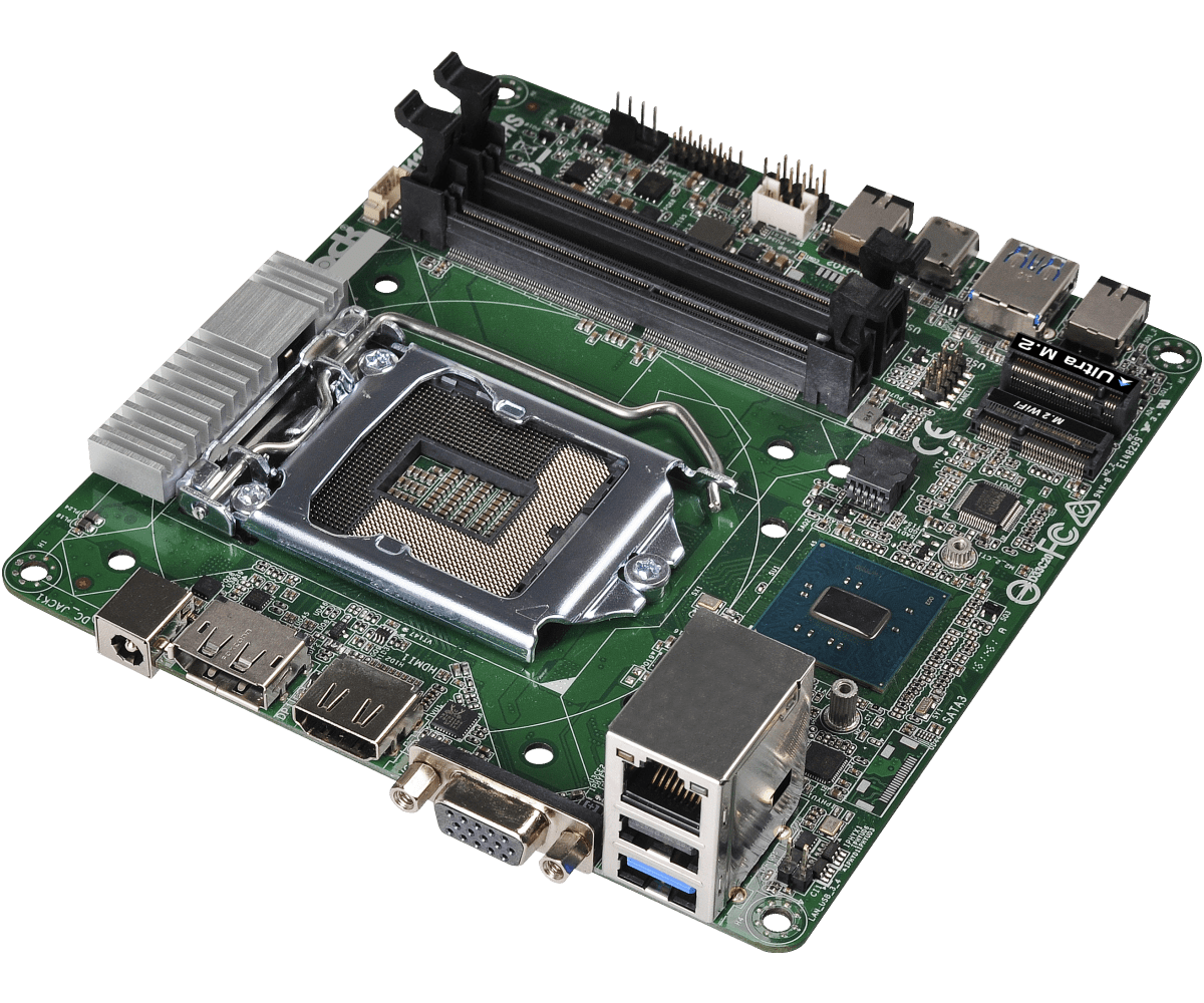 ASRock H110M-ITX/AC socket 1151 motherboard - bovenaanzicht met CPU-socket, RAM-sleuf, uitbreidingssleuven, chipset en I/O-connectoren