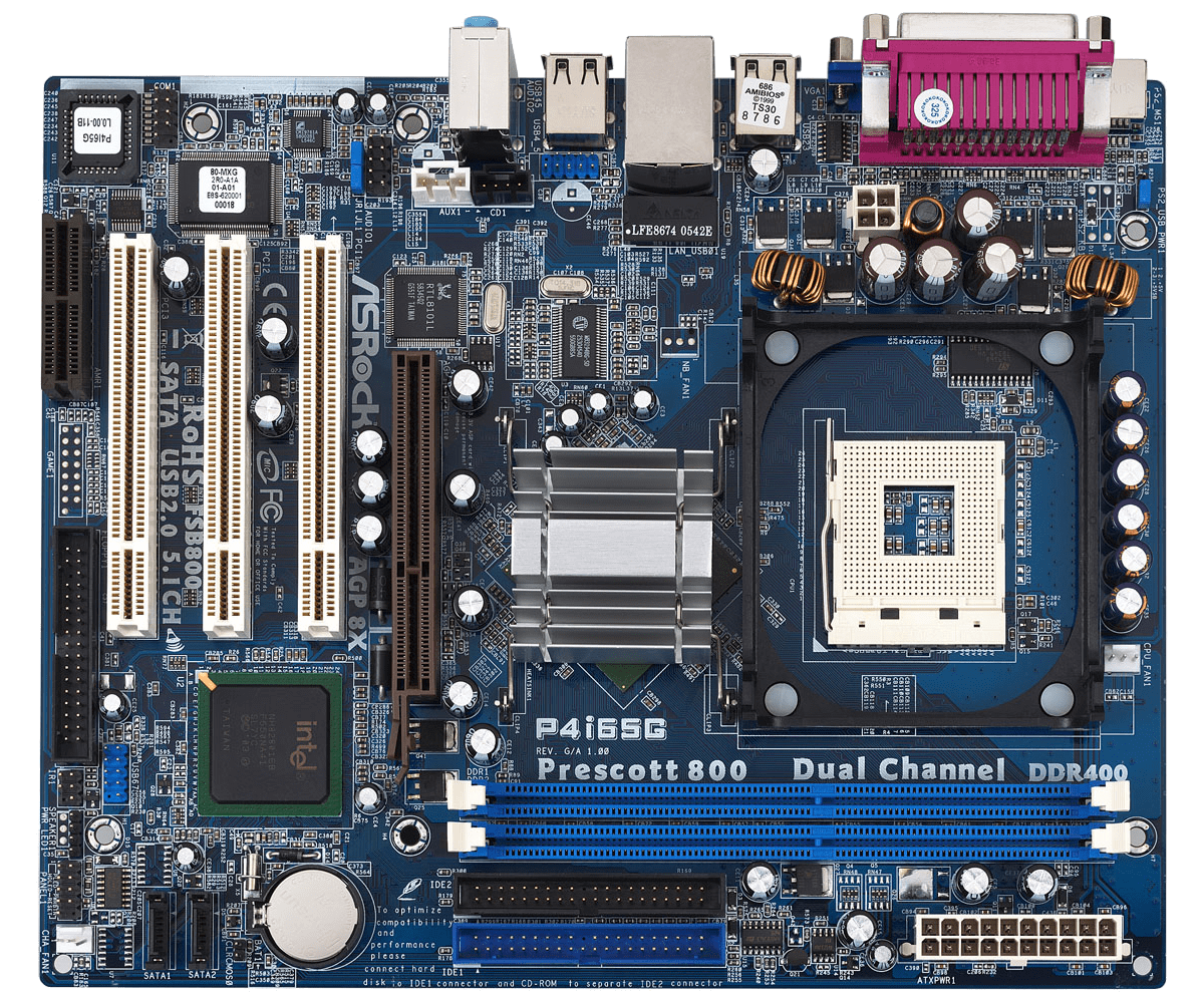 ASRock Fatal1ty P4i65G Prescott 800 Dual Channel DDR400 moederbord bovenaanzicht met socketcomponenten, geheugensleuf, uitbreidingssleuven en voedingsconnectoren