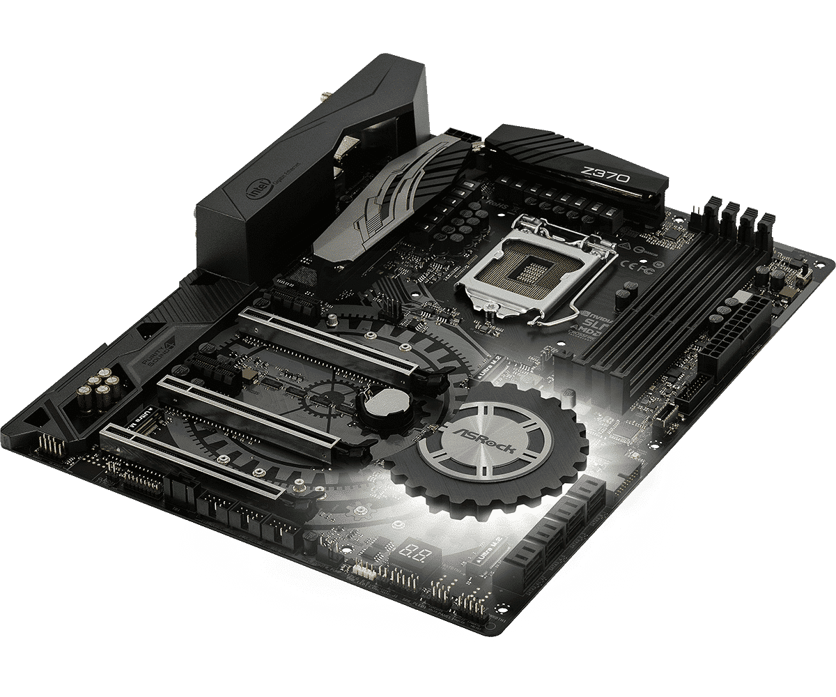 ASRock Z370 Taichi Socket 1151 moederbord - bovenaanzicht met CPU-koeler en RAM-slots zichtbaar