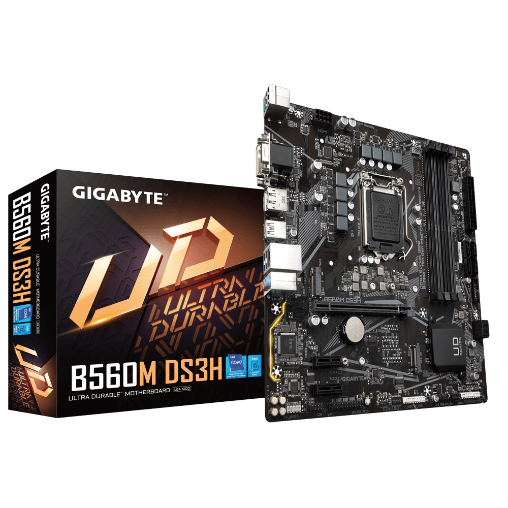 Gigabyte B560M DS3H Ultra Durable Motherboard met verpakking en productweergave - bovenaanzicht van het moederbord met geïntegreerde componenten, CPU-socket en aansluitingen zichtbaar naast de retailverpakking