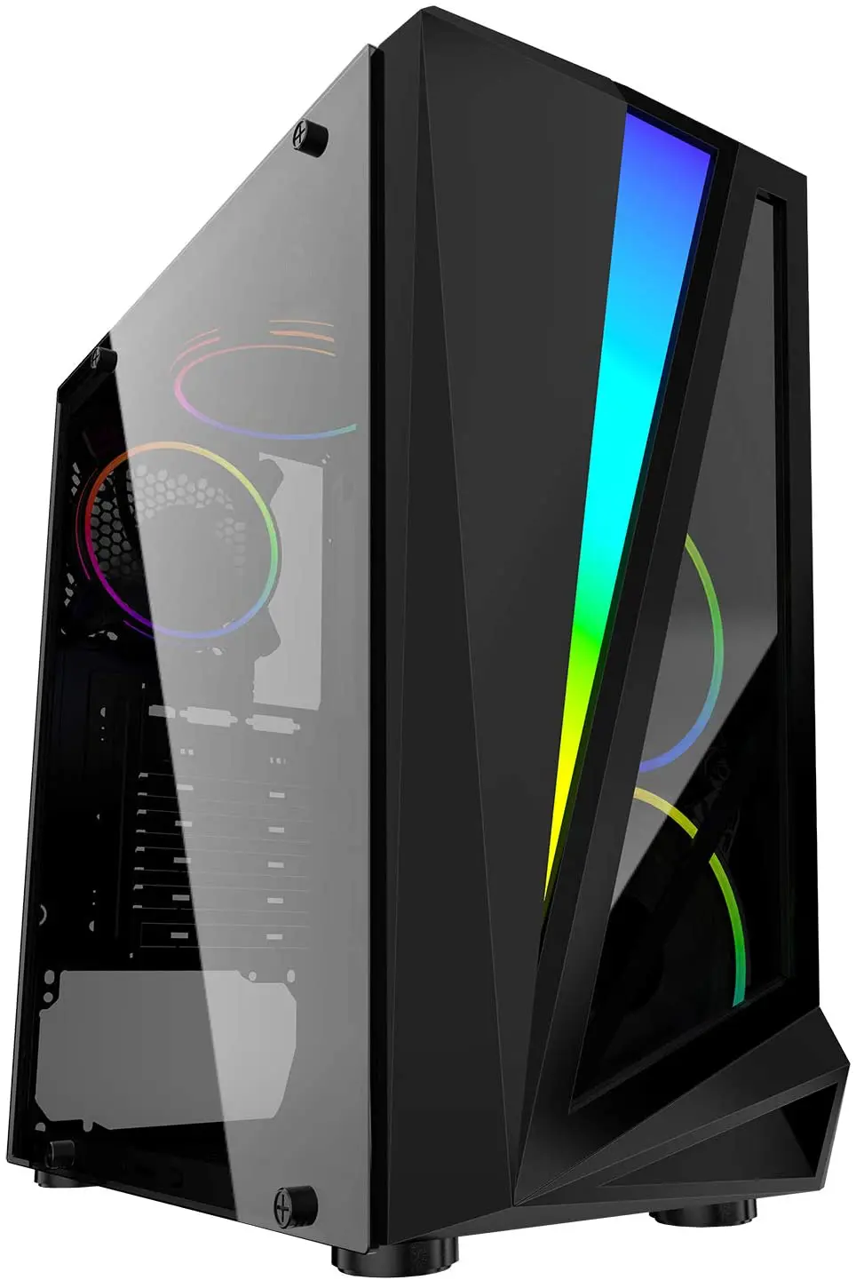 GamePC: I5 10400F - GTX1650 - 16GB - 1TB NVMe - W11, vooraanzicht met gehard glazen zijpaneel, RGB-verlichting en zichtbare interne componenten