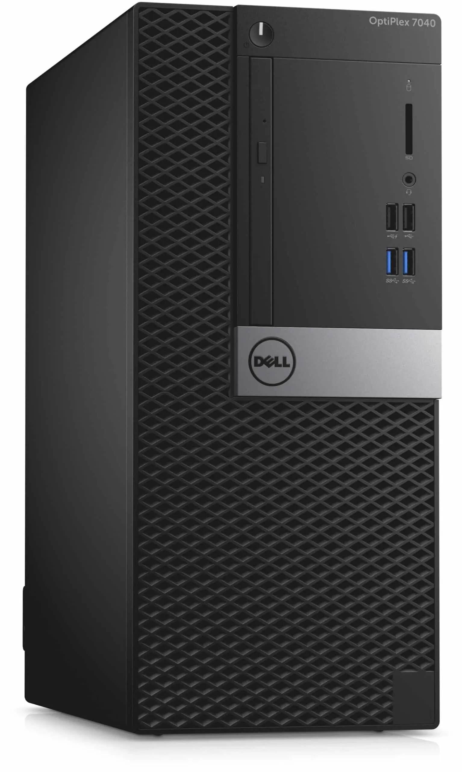 DELL OptiPlex 7040 MT voorkant - zwarte miditower met geventileerde behuizing, Dell-logo, aan/uit-knop, USB-poorten (2x USB 2.0, 2x USB 3.0) en audioansluitingen zichtbaar