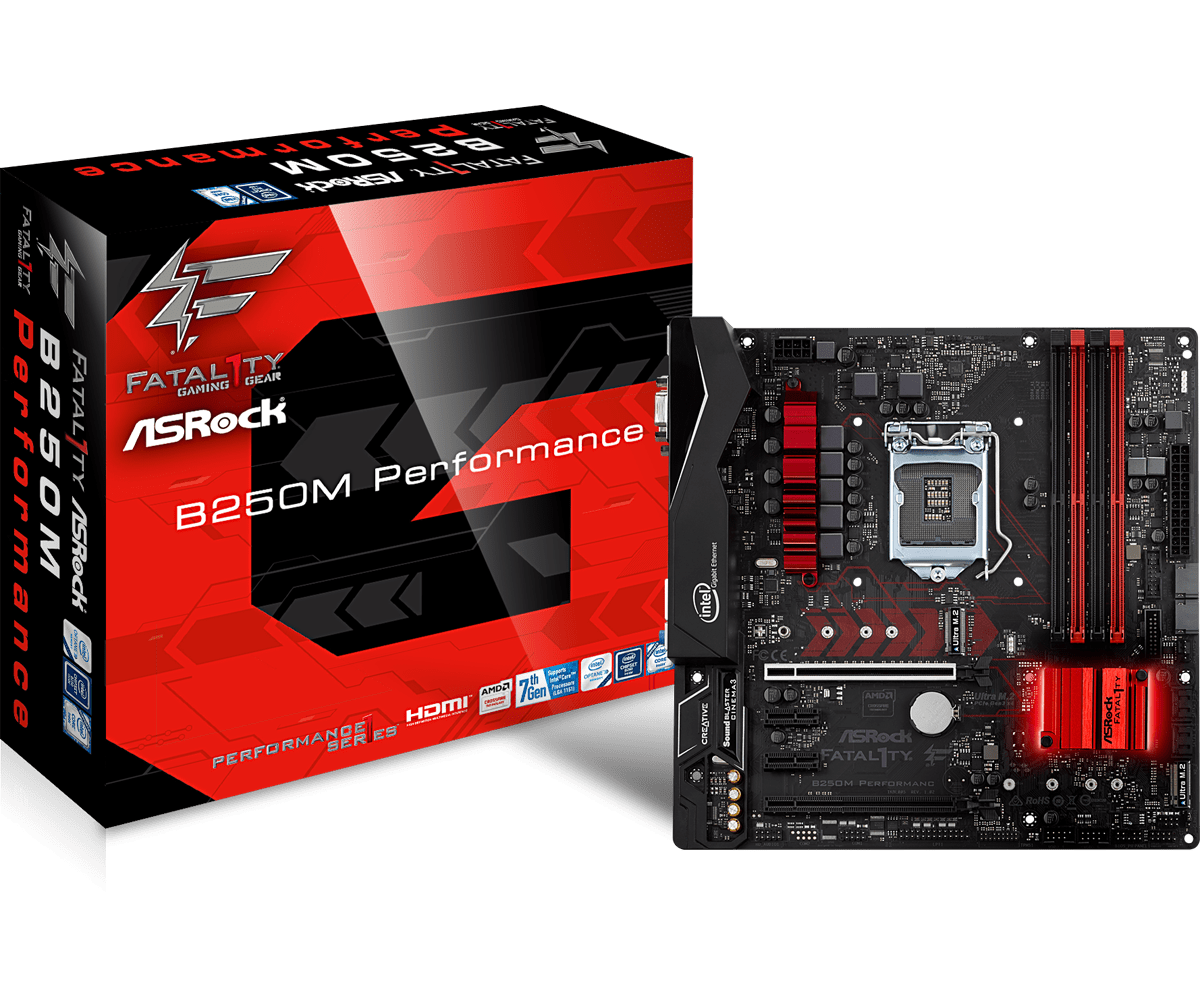 ASRock Fatal1ty B250M Performance Socket 1151 motherboard met verpakking en bovenaanzicht van het moederbord