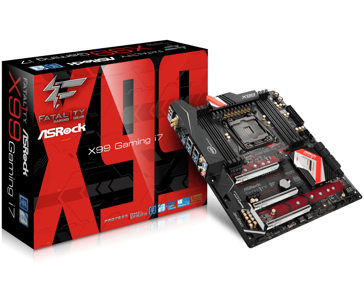 ASRock Fatal1ty X99 Professional Gaming i7 Socket 2011-3 Retail Moederbord - productfoto met verpakking en bovenaanzicht van het moederbord