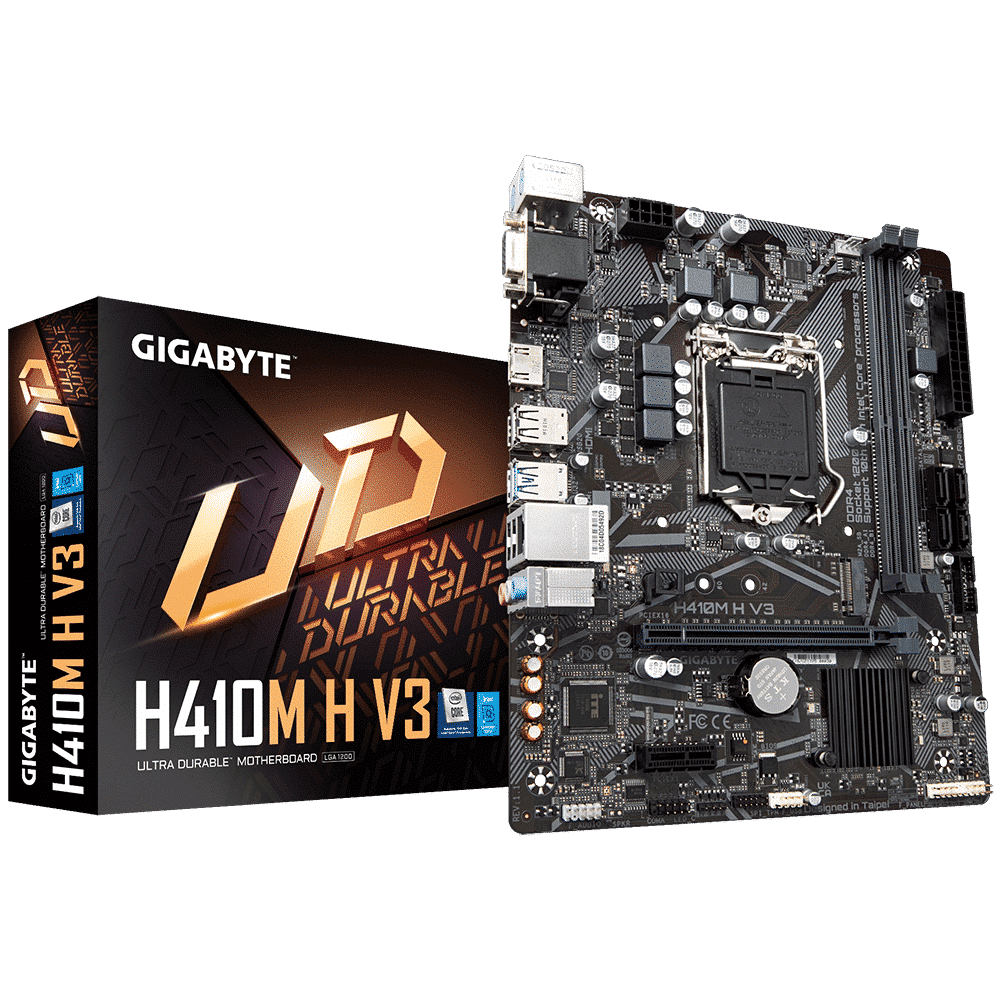 Gigabyte H410M H V3 R1.1 motherboard with product packaging box showing ultra durable branding and specifications