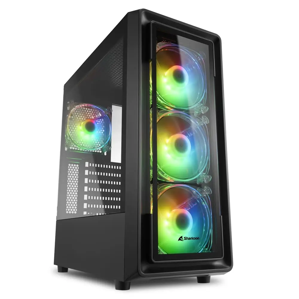 TK4 RGB gaming PC case met RGB-verlichting, vooraanzicht met drie RGB-ventilators op de voorzijde en een RGB-ventilator aan de linkerkant, zwarte behuizing met glazen zijpaneel