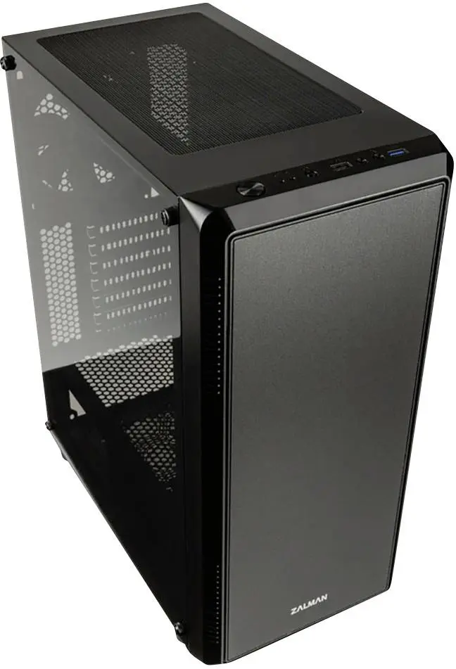 Zalman S4 computerbehuizing, vooraanzicht met zwarte metalen frame, mesh ventilatie-openingen aan zijkant en voorkant, getinte glazen zijpaneel, en bedieningspaneel bovenop