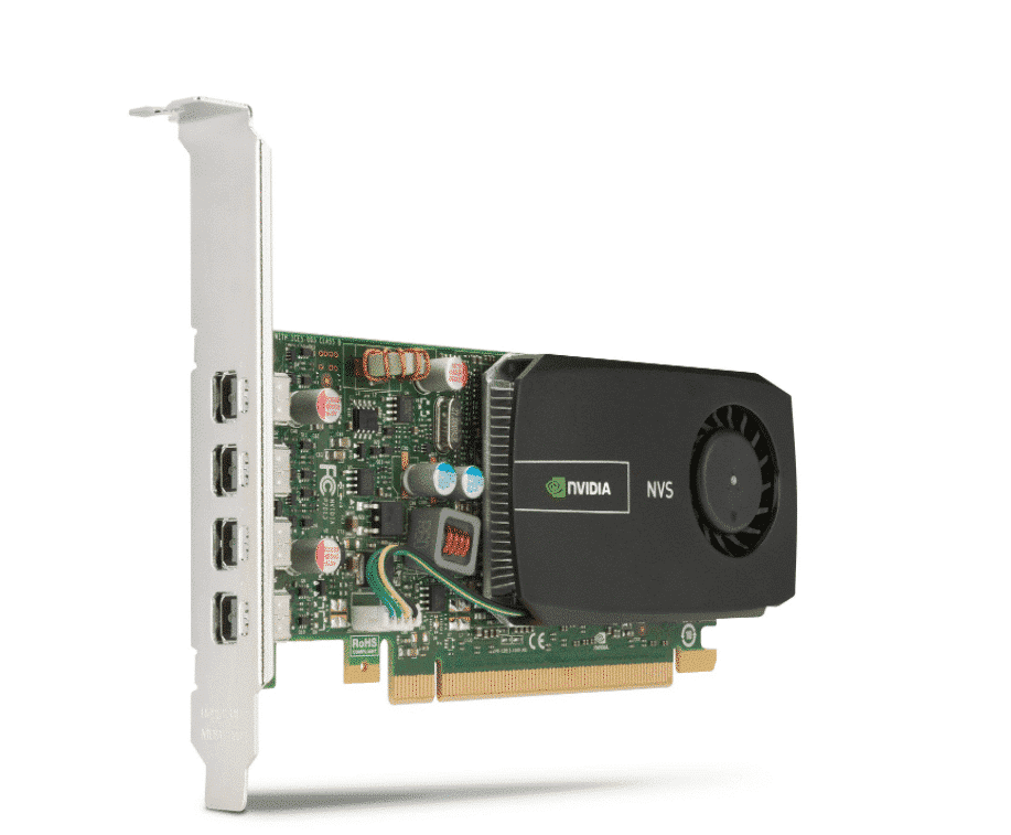 Nvidia NVS 510 2GB PCIe videokaart - bovenaanzicht met zichtbare elektronische componenten, koelventilator en vier DisplayPort-aansluitingen