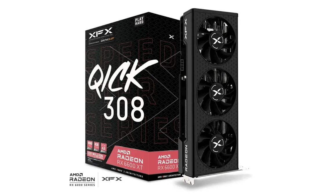 XFX Speedster QICK 308 AMD Radeon RX 6600 XT Black Gaming graphics card shown from front and side views, displaying triple-fan cooling system and black design with product packaging box