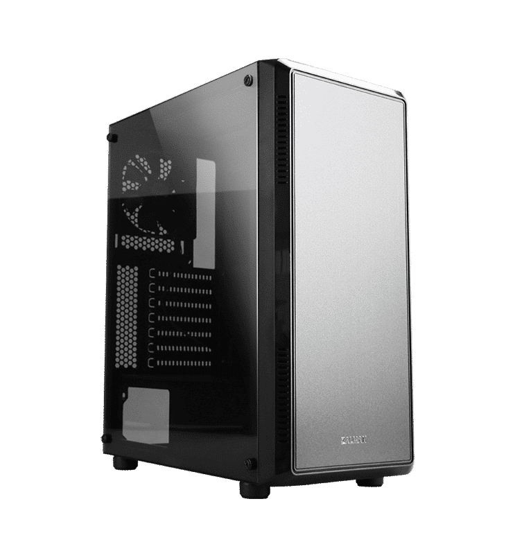 Zalman S4 black computer case, front and side view showing tempered glass panel and ventilation design