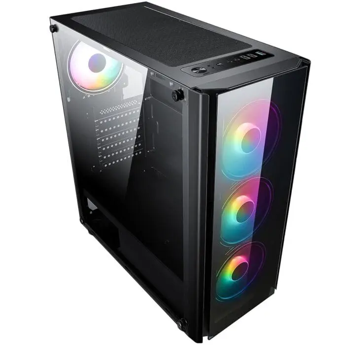 GamePC: Intel Core i7-10700F – Stel zelf samen, vooraanzicht met zwarte behuizing, glazen zijpaneel en drie RGB-geventileerde fans aan de voorkant en rechterzijde