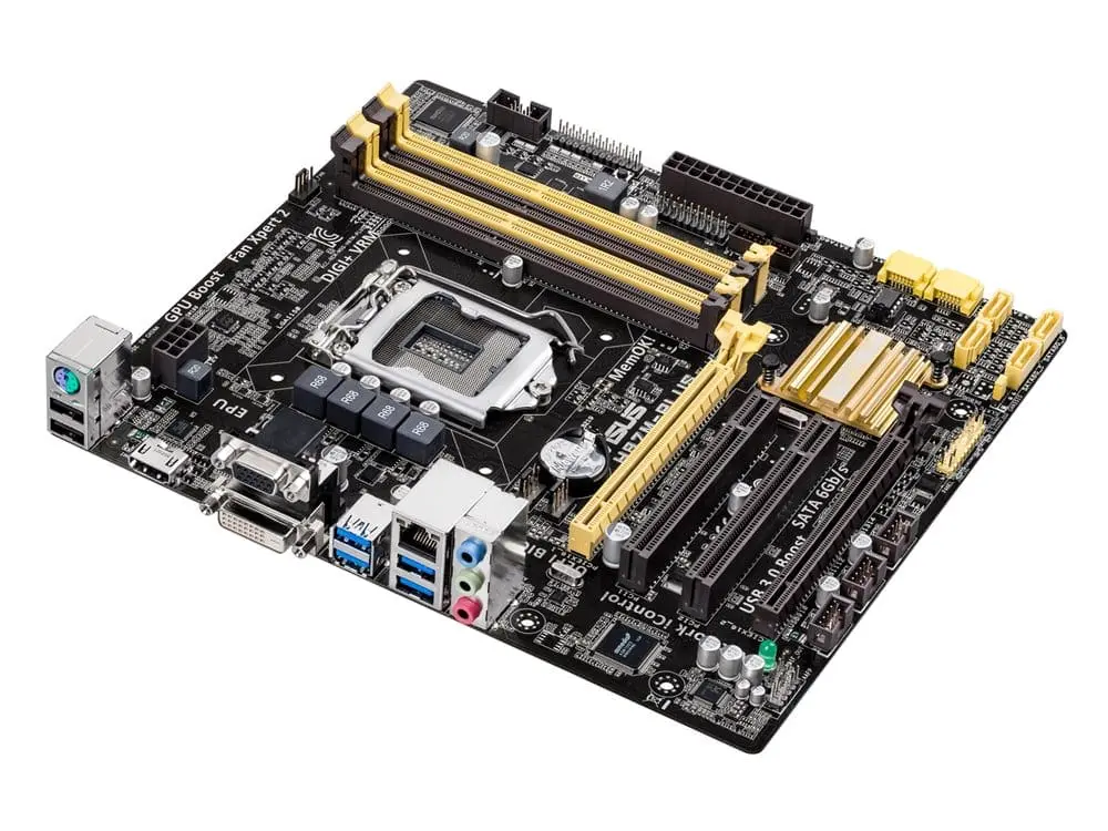 Asus H87M-Plus socket 1150 moederbord - bovenaanzicht met zichtbare CPU-socket, RAM-slots, PCIe-slots, I/O-paneel en backplate