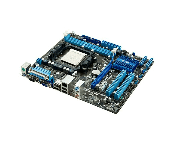 Asus M4N68T-M V2 socket AM3 moederbord - bovenaanzicht met blauwe expansiesleuven, zwarte chipset en CPU-socket zichtbaar
