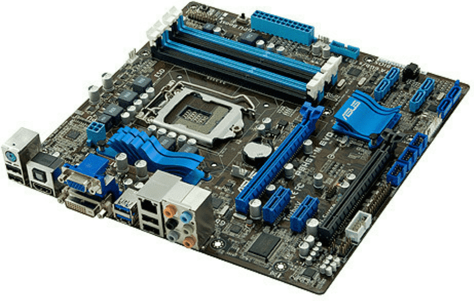 Asus P8H61-M EVO socket 1155 moederbord, bovenaanzicht met blauwe PCI-Express slots, RAM-geheugenslots, CPU-socket en I/O-paneel met audio-, USB- en netwerkconnectoren zichtbaar