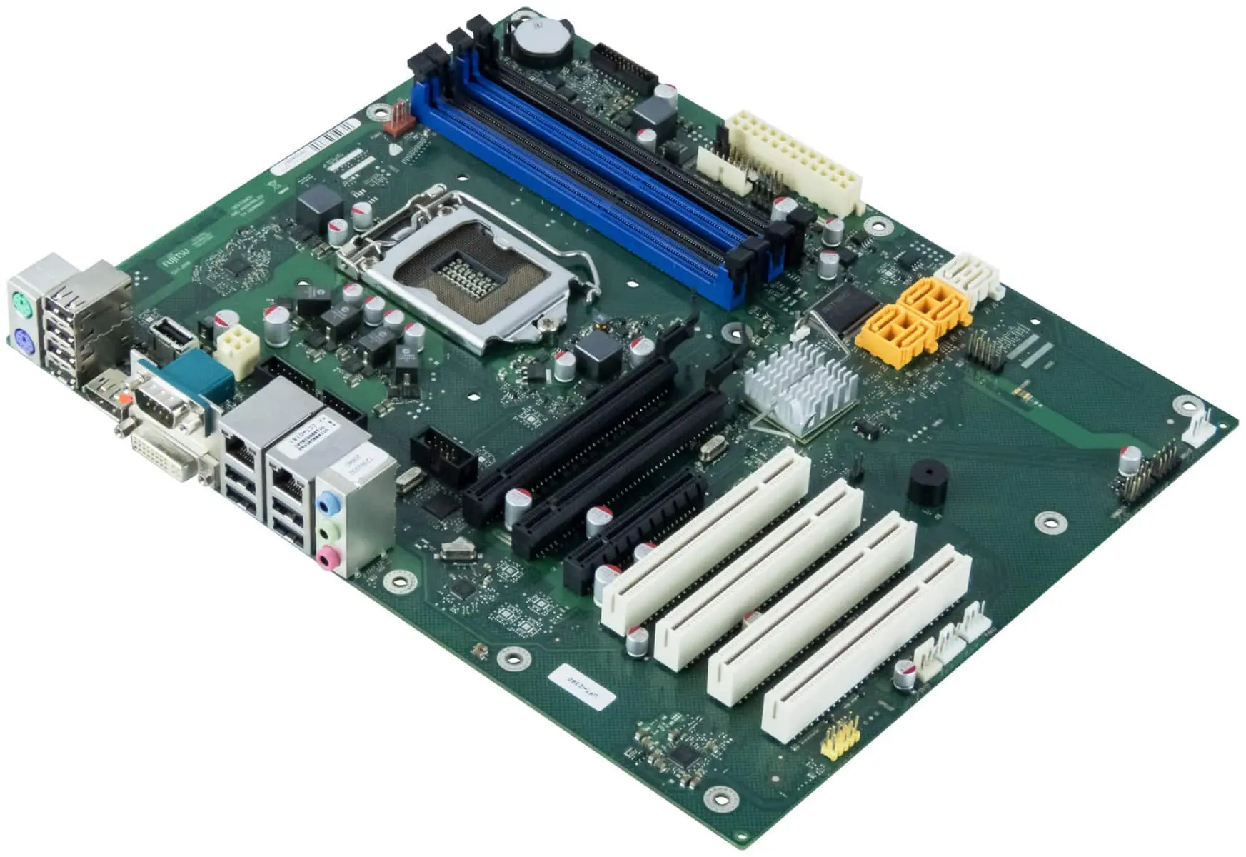FUJITSU D3076-S11 GS3 Socket 1155 Server moederbord - bovenaanzicht met CPU-socket, RAM-slots, uitbreidingsslots en back-panel I/O-poorten