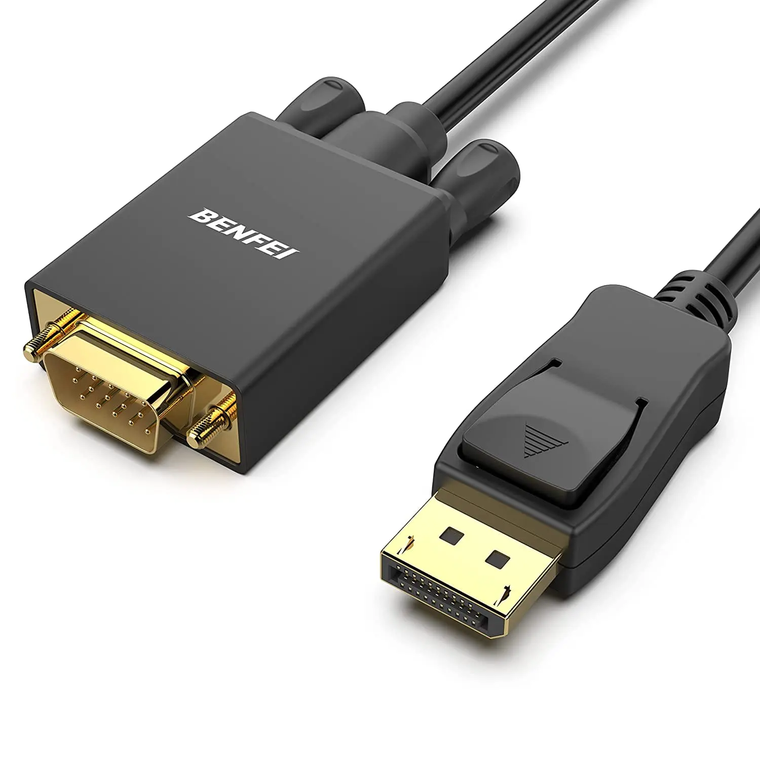 Displayport naar VGA 1,8m Kabel, zwart - detail van beide connectoren met goudkleurige contactpunten, Displayport-aansluiting links en VGA-aansluiting rechts