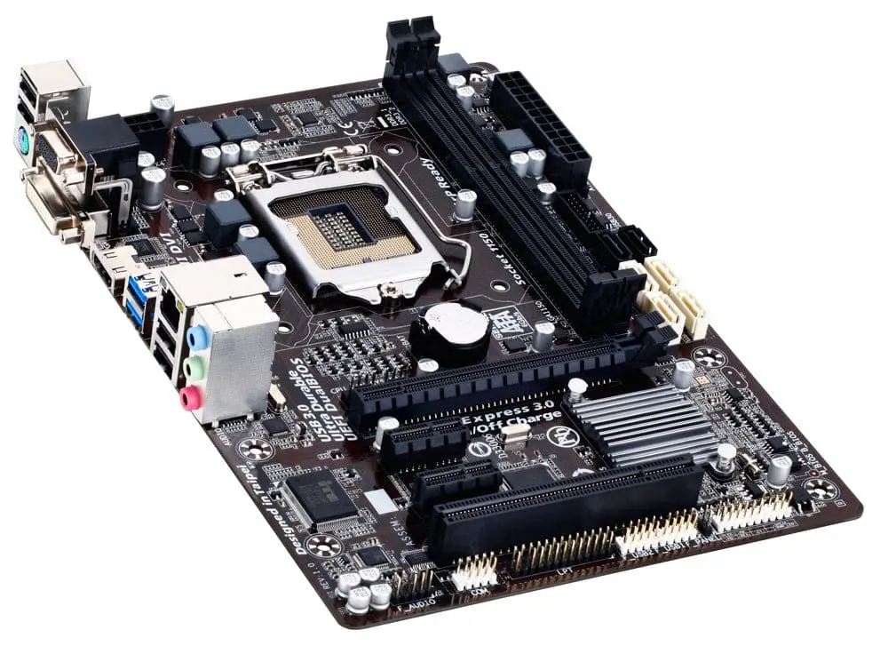 GA-B85M-HD3G socket 1150 moederbord - bovenaanzicht met CPU-socket, RAM-slots, voedingsconnectoren en uitbreidingsslots