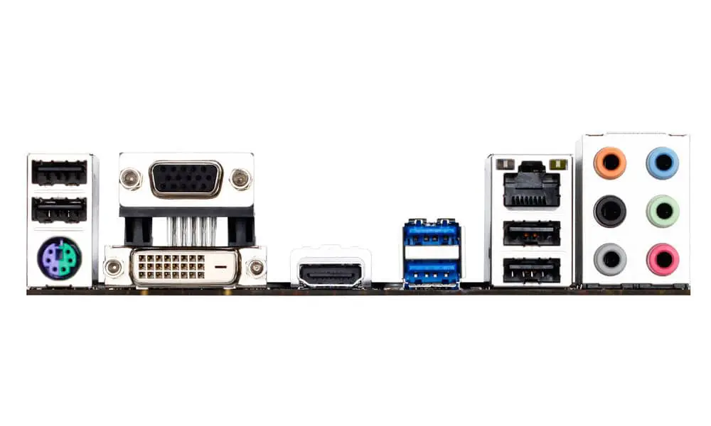GA-B85M-D3H socket 1150 moederbord - achterkant met I/O-paneel met USB-poorten, VGA-connector, HDMI-poort, audio-aansluitingen en gekleurde audiojacks