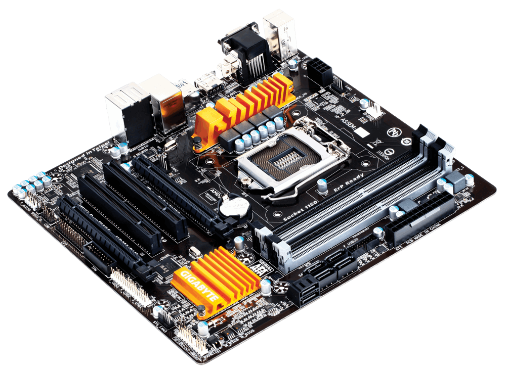 Gigabyte GA-Z97M-D3H socket 1150 moederbord, bovenaanzicht met zichtbare CPU-socket, RAM-slots, gele VRM-koellichamen en aansluitingen