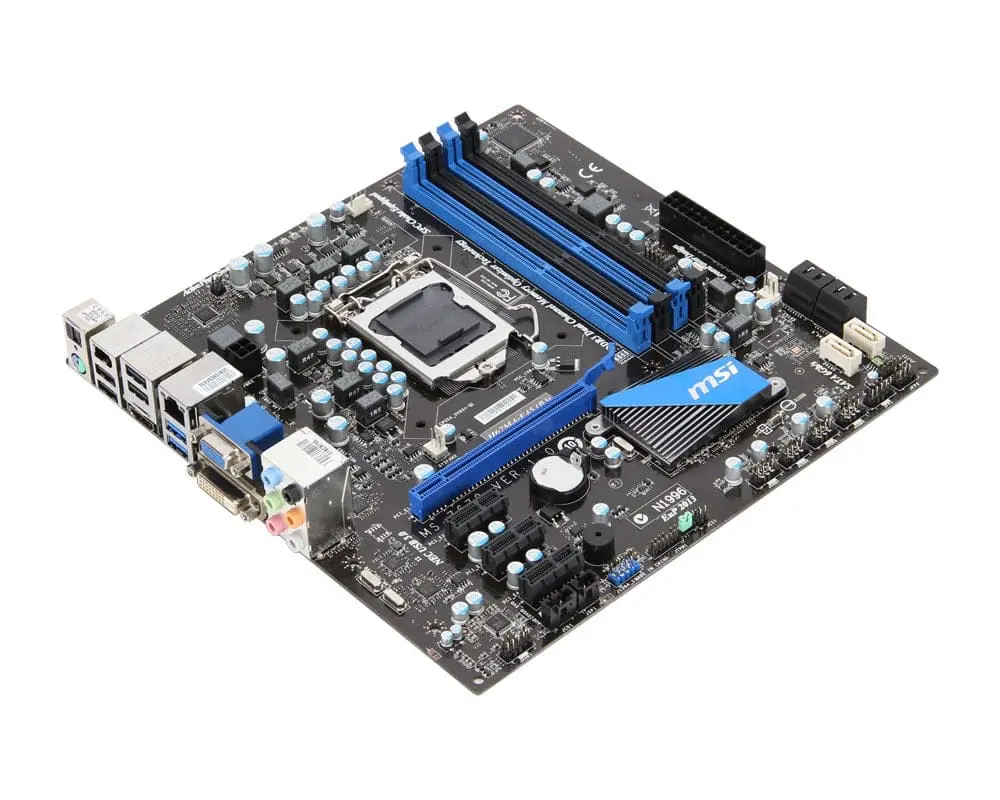 MSI H67MA-E45 LGA1155 motherboard angled top view showing CPU socket, RAM slots, blue heatsinks, and rear I/O ports