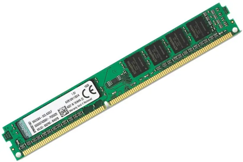 4GB DDR3 Kingston KVR16N11S8/4 memory module shown from above at an angle, displaying the green circuit board with black memory chips, gold contact pins, and white Kingston label with product specifications