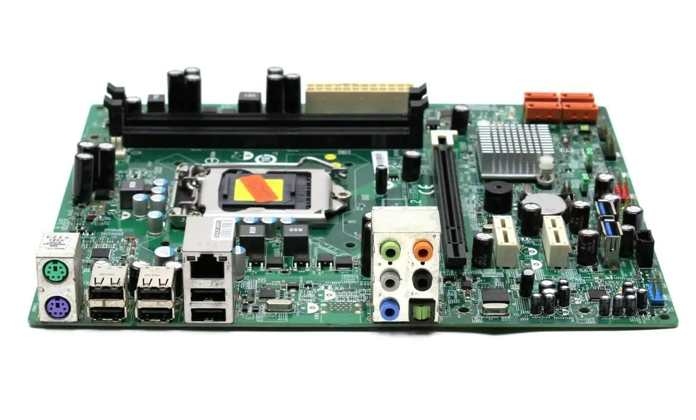 MSI MS-7708 Ver: 1.2 LGA1156 motherboard top view showing CPU socket, RAM slots, expansion slots, power connectors, and rear I/O ports including audio jacks and network connection