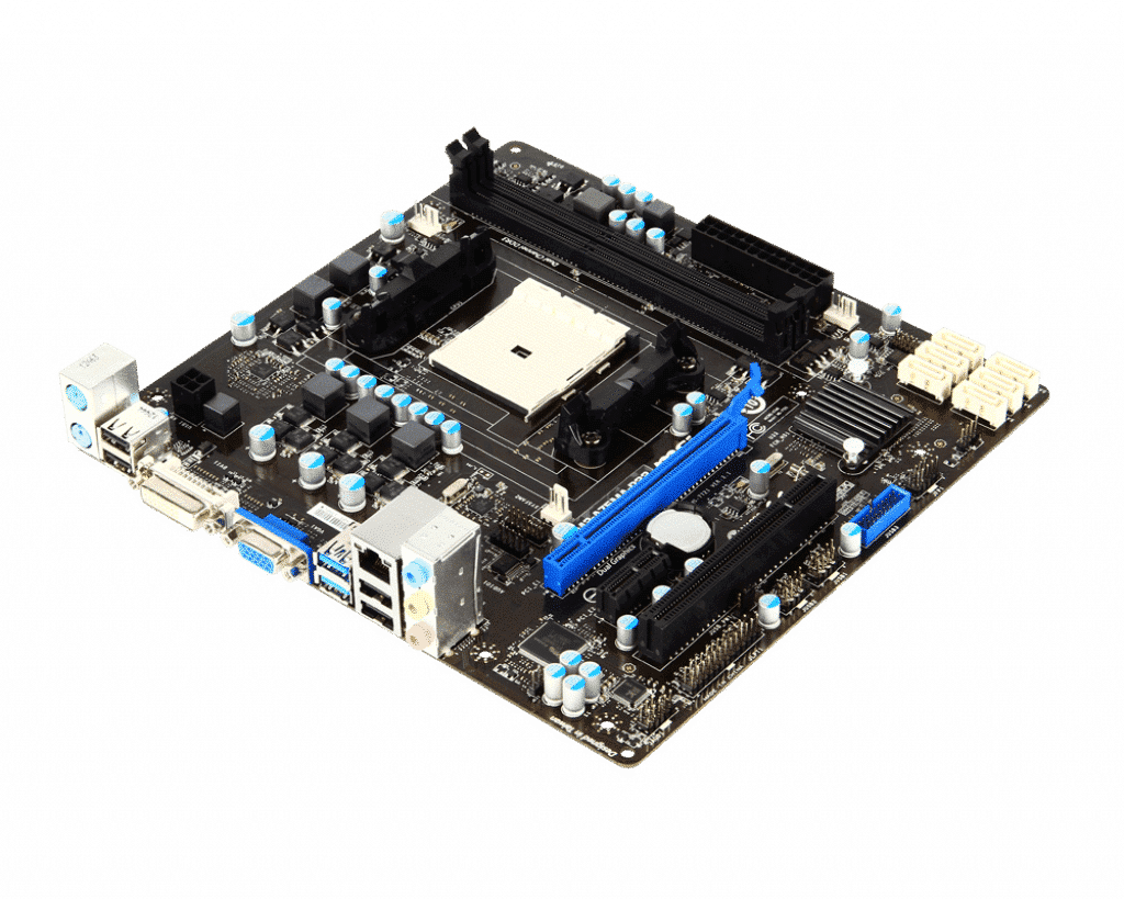 MSI FM2-A75MA-P33 socket FM2 moederbord bovenaanzicht met FM2-processor socket, RAM-sloten, PCI-Express-slots en back-panel connectoren zichtbaar