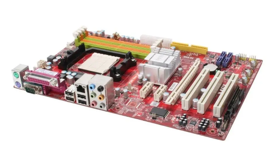 MSI K9N NEO-F V3 AM2 motherboard top view showing CPU socket, RAM slots, expansion slots, heatsinks, and rear I/O ports