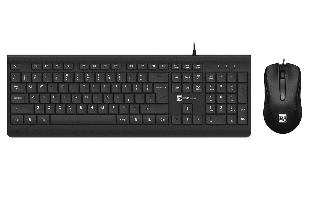 Front view of R8 Desktop 1906 Keyboard and Mouse (Qwerty EU) showing black wired keyboard with full QWERTY layout and numeric keypad on left, and black wired optical mouse on right