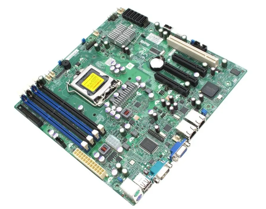 Supermicro X8SIL-V LGA1156 motherboard top view showing CPU socket, RAM slots, PCI slots, and various connectors and capacitors