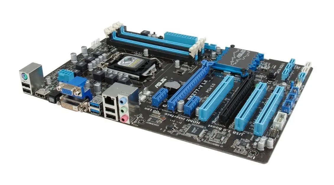 Asus P8Z77-V LX LGA 1155 Motherboard top view showing CPU socket, RAM slots, blue SATA connectors, and rear I/O panel with ports