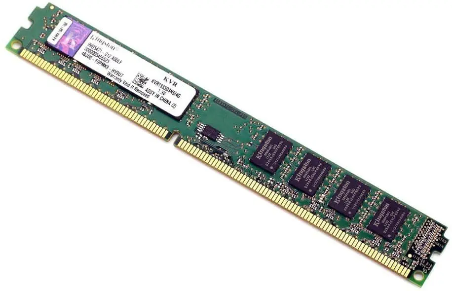 4GB Kingston ValueRAM KVR1333D3N9/4G DDR3 memory module shown from above displaying the green circuit board, gold connector pins, purple memory chips, and white label with specifications