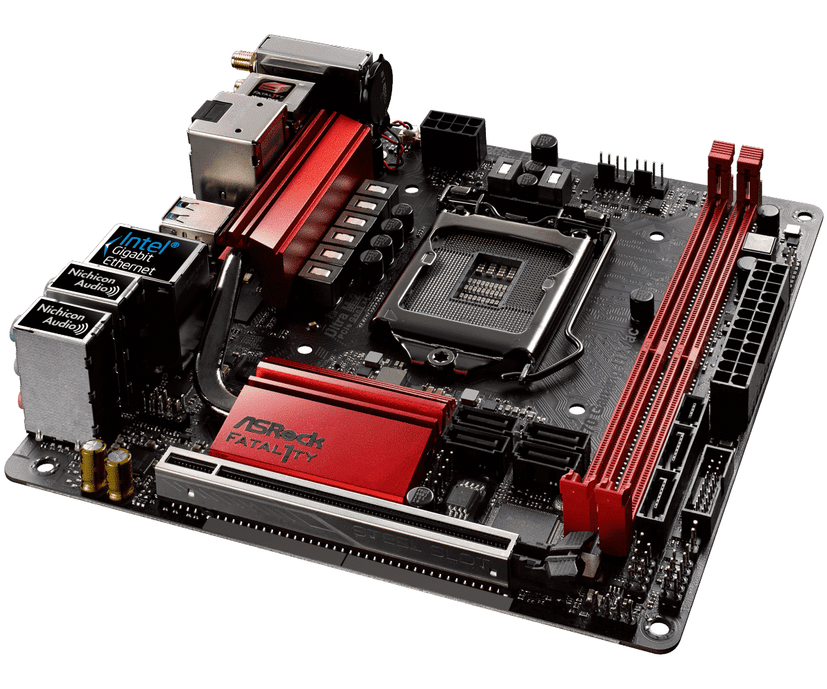 ASRock Fatal1ty Z270 Gaming-ITX/ac socket 1151 moederbord, bovenaanzicht met rood-zwart design, CPU-socket, RAM-slots en VRM-koeling zichtbaar