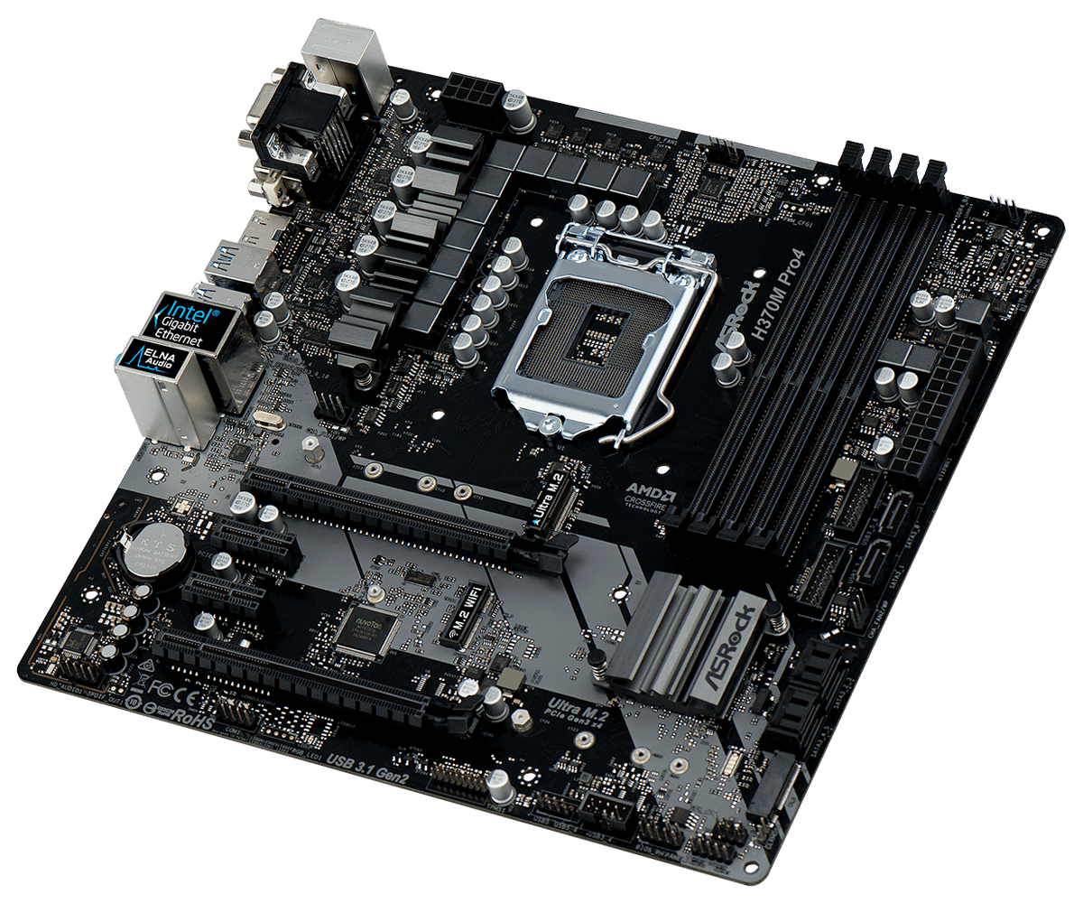 ASRock H370M Pro4 Socket 1151 moederbord - bovenaanzicht met geïnstalleerde CPU-koeler en voeding connectors zichtbaar